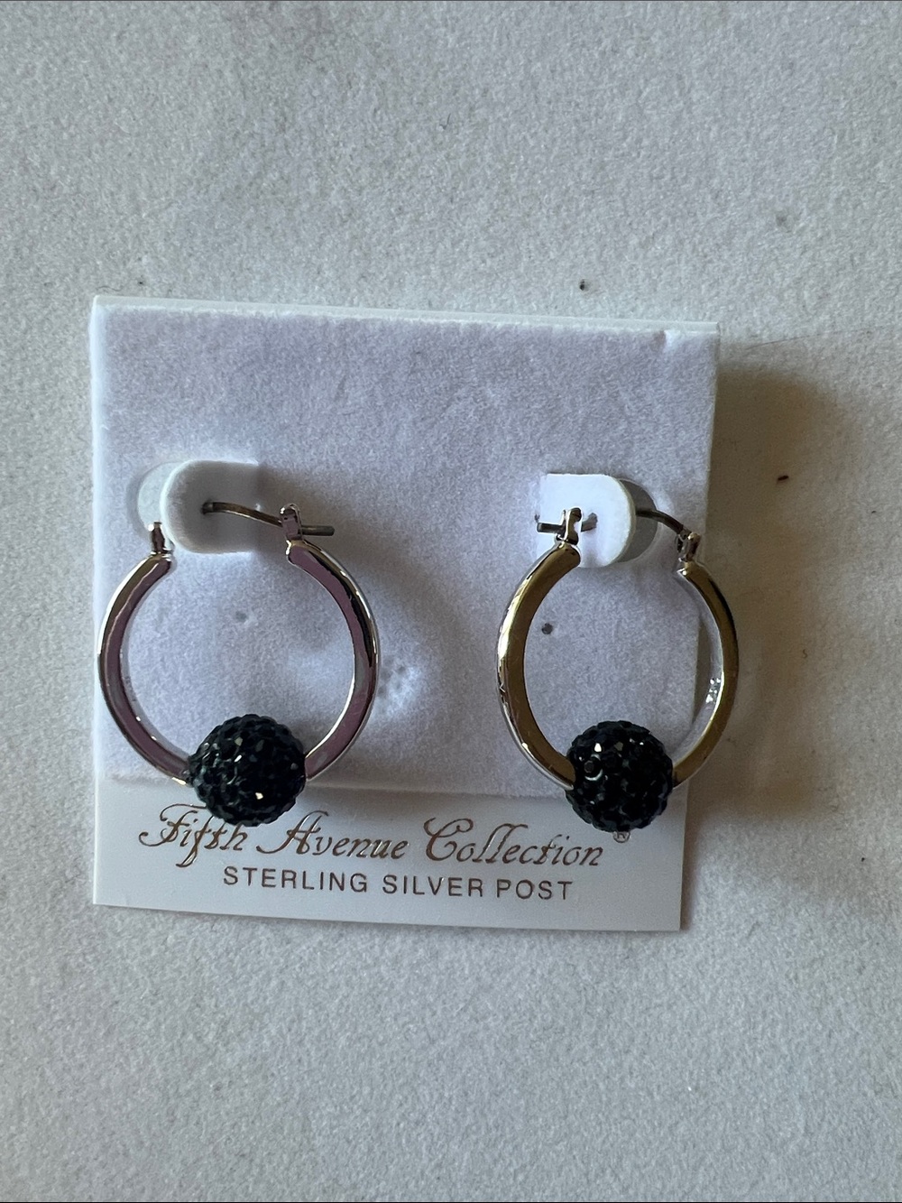 Silver Hoop Earrings with Black Crystal Beads